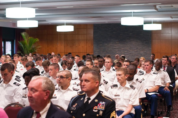Tri-service ROTC cadets, presenters and guest join together in April at the Campus Room of Capstone Hall, University of South Carolina, for the presentation of ROTC awards.
